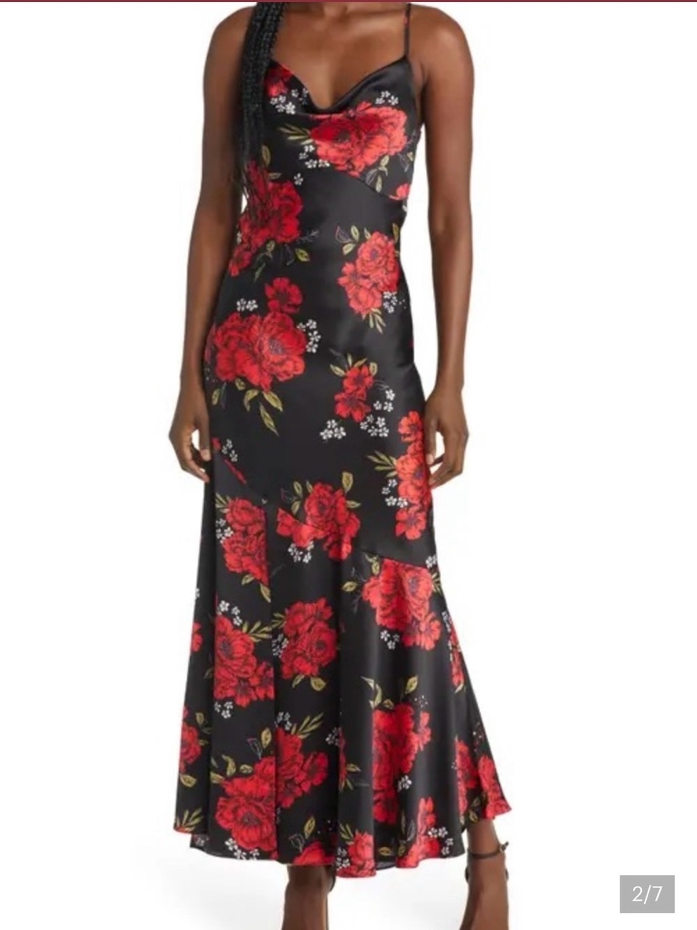 Lulu's Black Satin Maxi Skirt with Red Floral Print